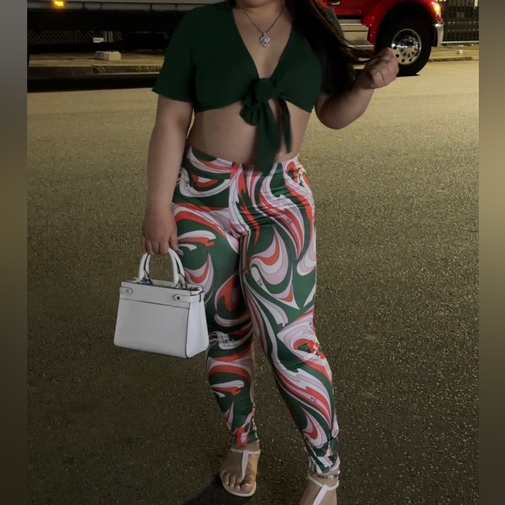 Green tie front Crop top & Leggins Set